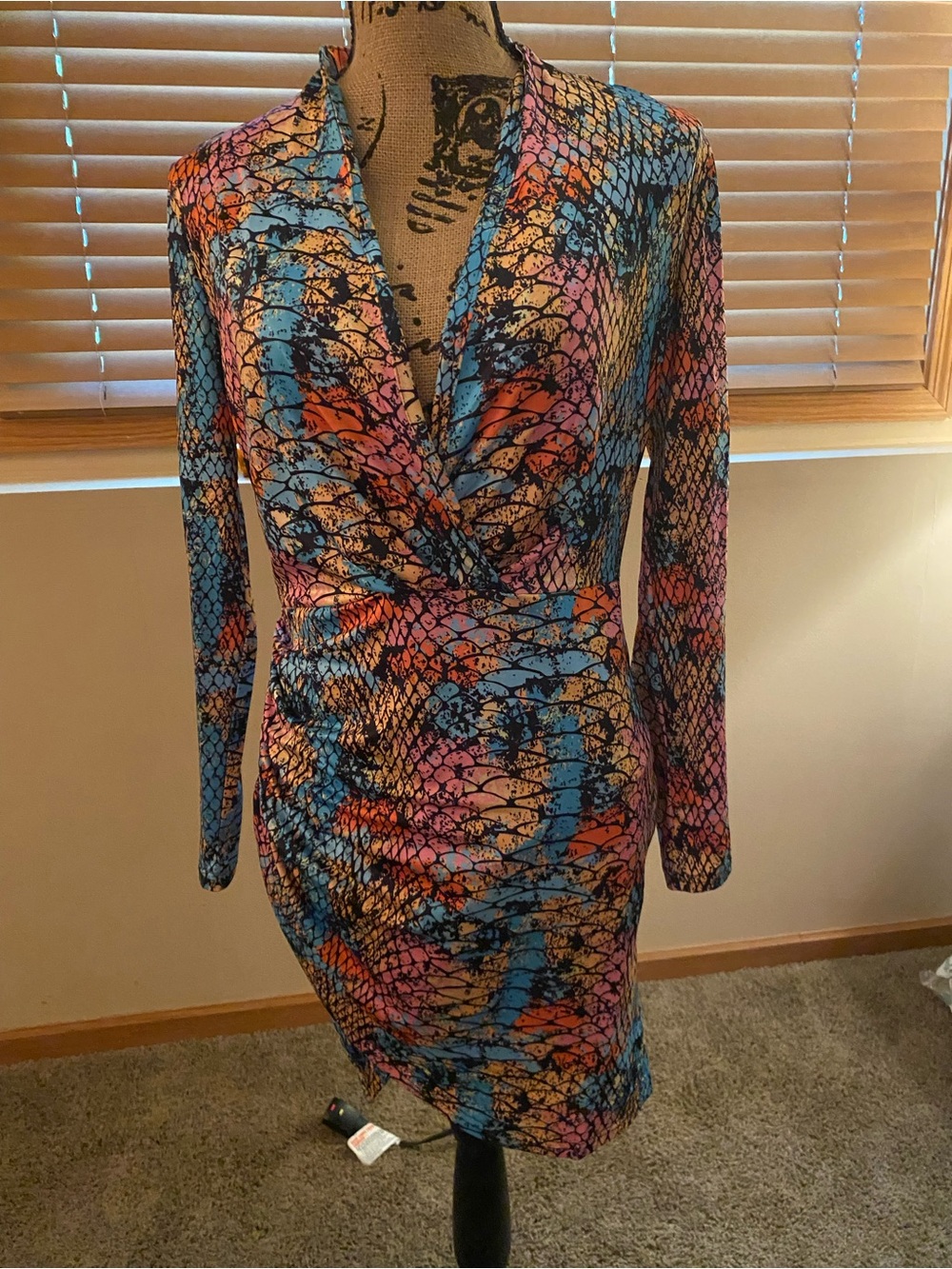 Wrap-Front Long Sleeve Dress in Blue, Pink & Orange
